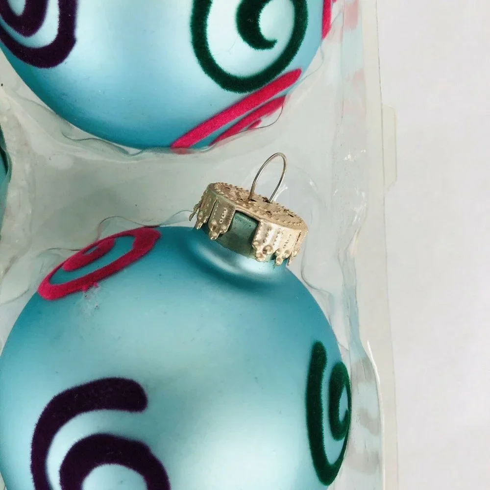 Christmas By Krebs‎ Glass Ornaments Turquoise Blue With Flock Design 4 In Box